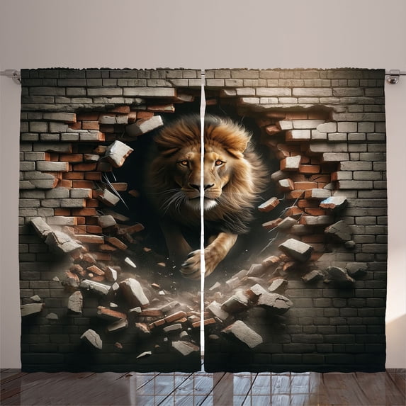 Ambesonne Lion Curtains 2 Panel Set, King Emerging from Brick Wall, 108" x 96", Pale Mustard and Dark Mustard