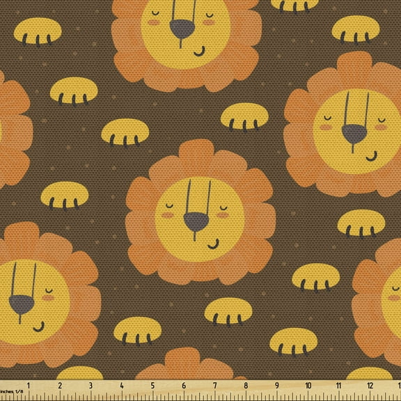 Ambesonne Lion Fabric by the Yard Upholstery, Funny Zoo Animals Paws, 5 Yards, Brown Yellow and Orange