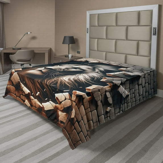 Ambesonne Lion Flat Sheet, Brick Wall and Classical Pose, Full Size, Ginger Coconut