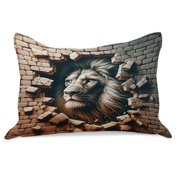 Ambesonne Lion Knitted Quilt Pillowcover, Brick Wall and Classical Pose, 30"x20", Ginger Coconut