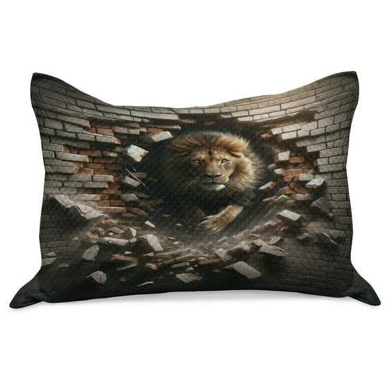 Ambesonne Lion Knitted Quilt Pillowcover, King Emerging from Brick Wall, 30"x20", Pale Mustard and Dark Mustard