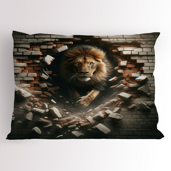 Ambesonne Lion Pillow Sham, King Emerging from Brick Wall, 26" X 20", Pale Mustard and Dark Mustard
