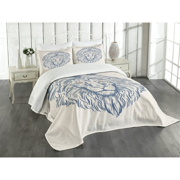 Ambesonne Lion Quilted Bedspread Set 3 Pcs, Animal Portrait Wildlife, Queen Size, Slate Blue and Beige