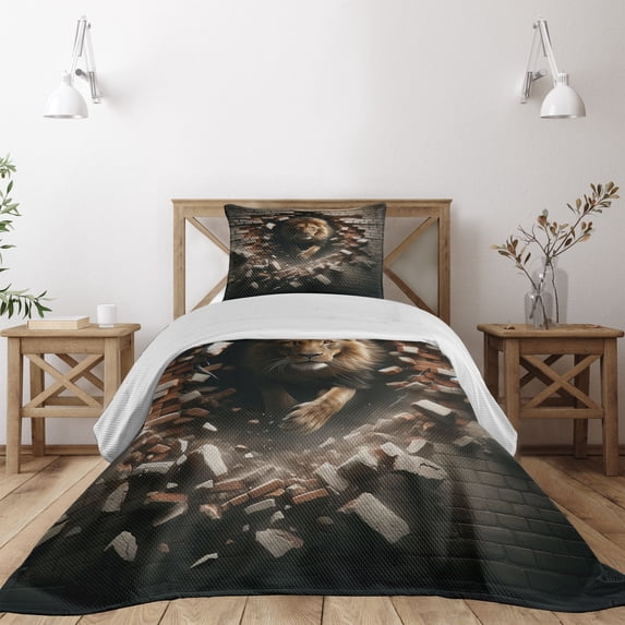 Ambesonne Lion Quilted Coverlet 2 Pcs, King Emerging from Brick Wall, Twin Size, Pale Mustard and Dark Mustard