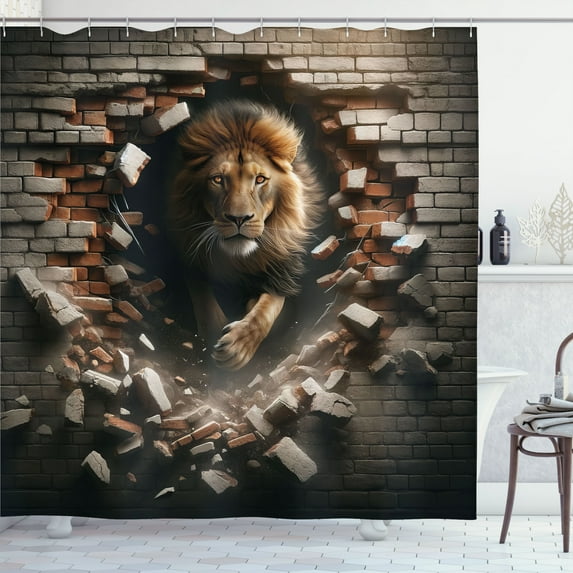 Ambesonne Lion Shower Curtain, King Emerging from Brick Wall, 69"Wx84"L, Pale Mustard and Dark Mustard
