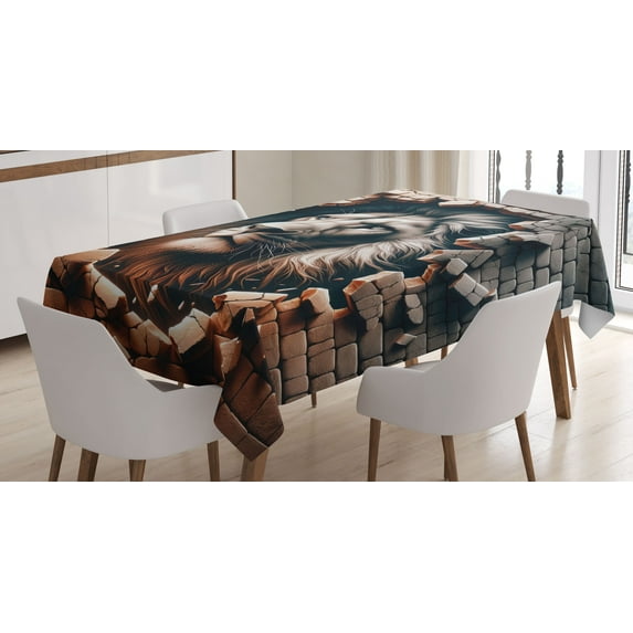 Ambesonne Lion Tablecloth Rectangular Table Cover, Brick Wall and Classical Pose, 52"x70", Ginger Coconut