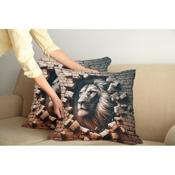 Ambesonne Lion Throw Pillow Cover Pack of 2, Brick Wall and Classical Pose, 2 Pcs-26"x16", Ginger Coconut
