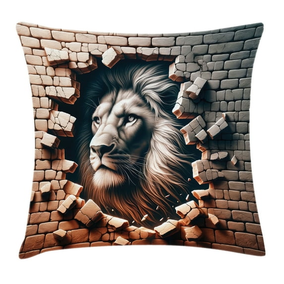 Ambesonne Lion Throw Pillow Cushion Cover, Brick Wall and Classical Pose, 16" X 16", Ginger Coconut