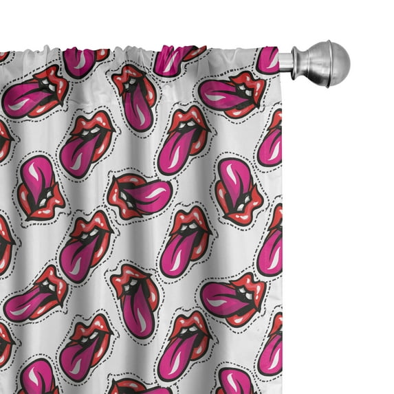 Ambesonne Lips Curtains, Tongue out Symbol in Dash Line, Pair of 28"x63", Magenta Red and White