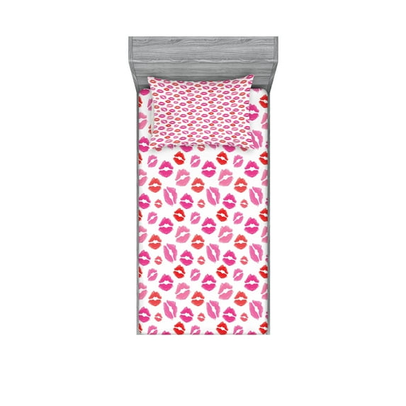 Ambesonne Lips Fitted Sheet & Pillow Sham Set, Pink and Red Romantic Kisses, Twin, Multicolor