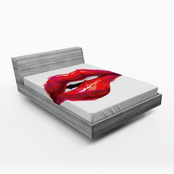 Ambesonne Lips Fitted Sheet, Woman Biting Lips, Queen Size, Dark Coral Pink White