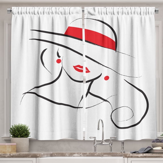 Ambesonne Lips Kitchen Curtains, Black Stroke Contour Drawing, 55"x39", Charcoal Grey Vermilion