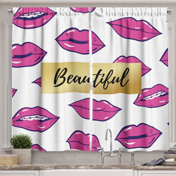 Ambesonne Lips Kitchen Curtains, Contemporary Fashion Feminine, 55"x39", Fuchsia Blue Pale Coffee