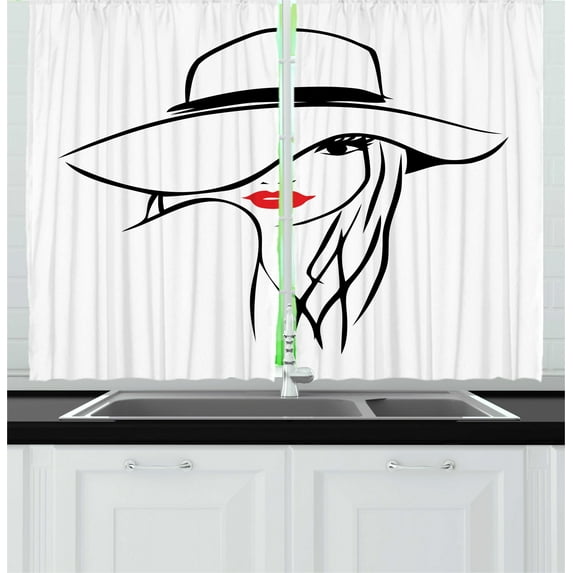 Ambesonne Lips Kitchen Curtains, Girl Wearing a Big Floppy Hat, 55"x39", Vermilion Black White