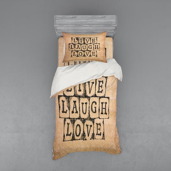 Ambesonne Live Laugh Love Bedding Set 3 Pcs, Grungy Vintage, Twin, Black Pale Brown