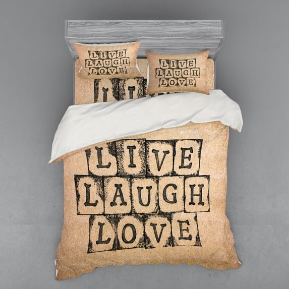 Ambesonne Live Laugh Love Bedding Set 4 Pcs, Grungy Vintage, Queen, Black Pale Brown
