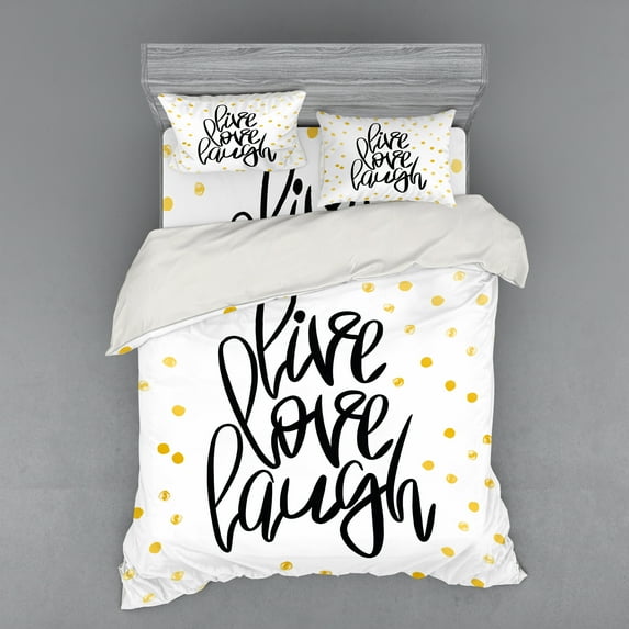 Ambesonne Live Laugh Love Bedding Set 4 Pcs, Phrase Dots, Queen, Black White Yellow