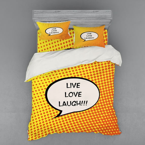 Ambesonne Live Laugh Love Bedding Set 4 Pcs, Speech Bubble, Queen, Orange Yellow Black