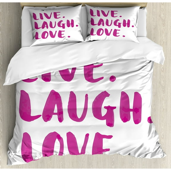 Ambesonne Live Laugh Love Duvet Cover Set, Happy Life Message, Calking, Fuchsia White