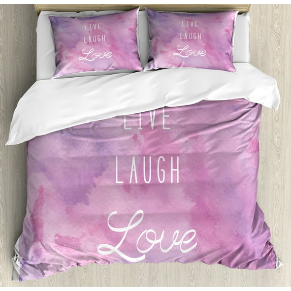Ambesonne Live Laugh Love Duvet Cover Sets, Dreamy Positive, 2-King, Pale Pink Lavender White