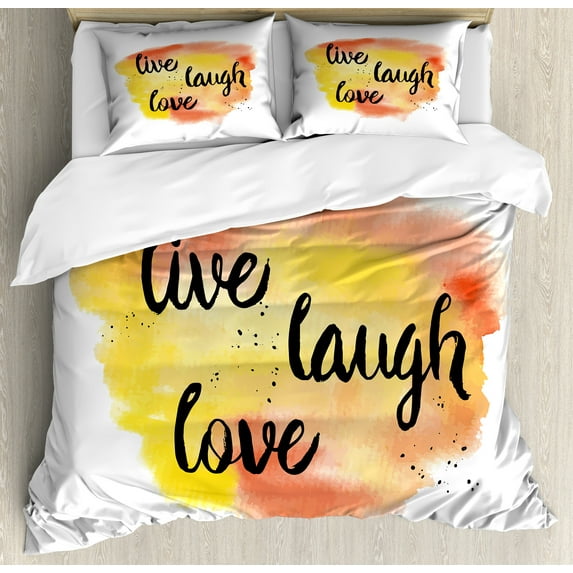 Ambesonne Live Laugh Love Duvet Cover Sets, Soft Watercolor, 2-King, Yellow Coral Black