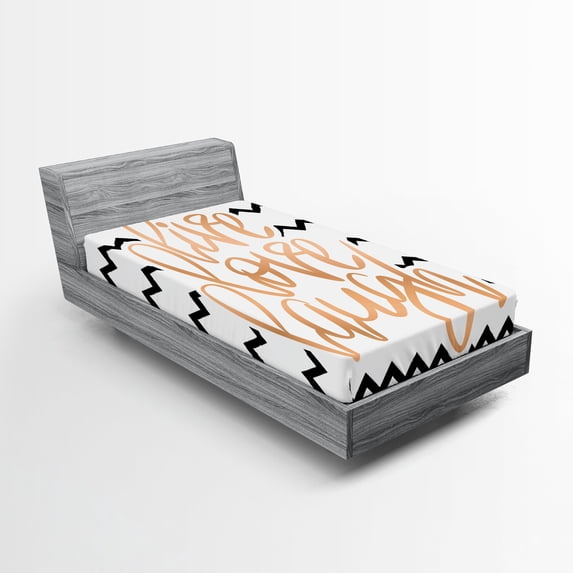 Ambesonne Live Laugh Love Fitted Sheet 2 Pcs Set, Chevron Art, Twin XL, Black White and Peach