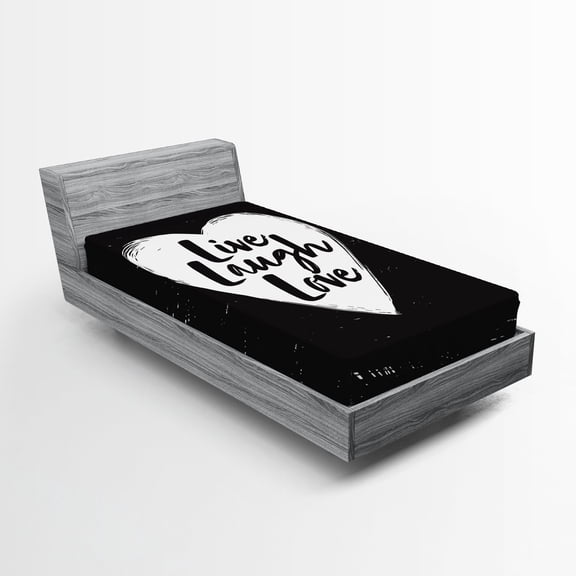 Ambesonne Live Laugh Love Fitted Sheet, Heart and Words, Twin Size, Black White