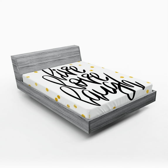 Ambesonne Live Laugh Love Fitted Sheet, Phrase Dots, Full Size, Black White Yellow