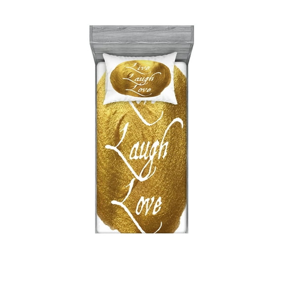 Ambesonne Live Laugh Love Fitted Sheet & Pillow Sham Set, Big Spot Words, Twinxl, Pale Coffee Yellow