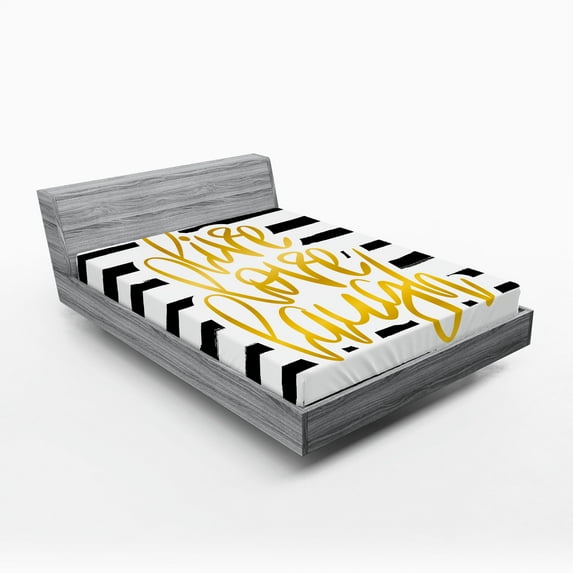 Ambesonne Live Laugh Love Fitted Sheet, Stripes Text, King Size, Yellow White and Black