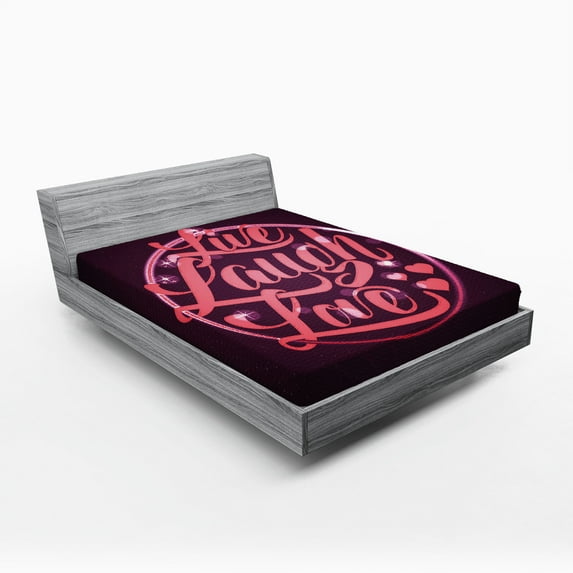 Ambesonne Live Laugh Love Fitted Sheet, Vibrant Circle, Queen Size, Coral Plum White