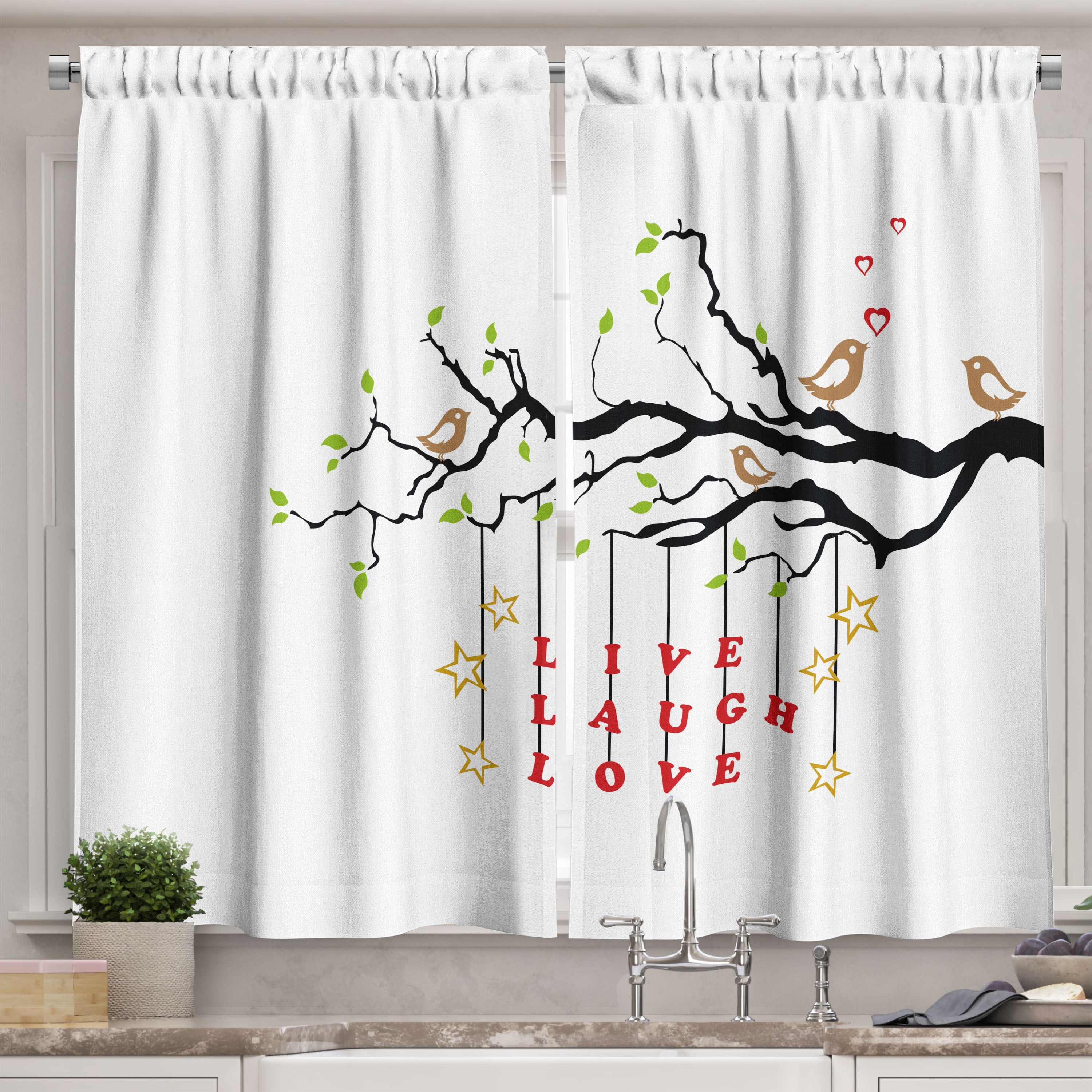 Ambesonne Live Laugh Love Kitchen Curtains, Couple of Birds, 55"x39