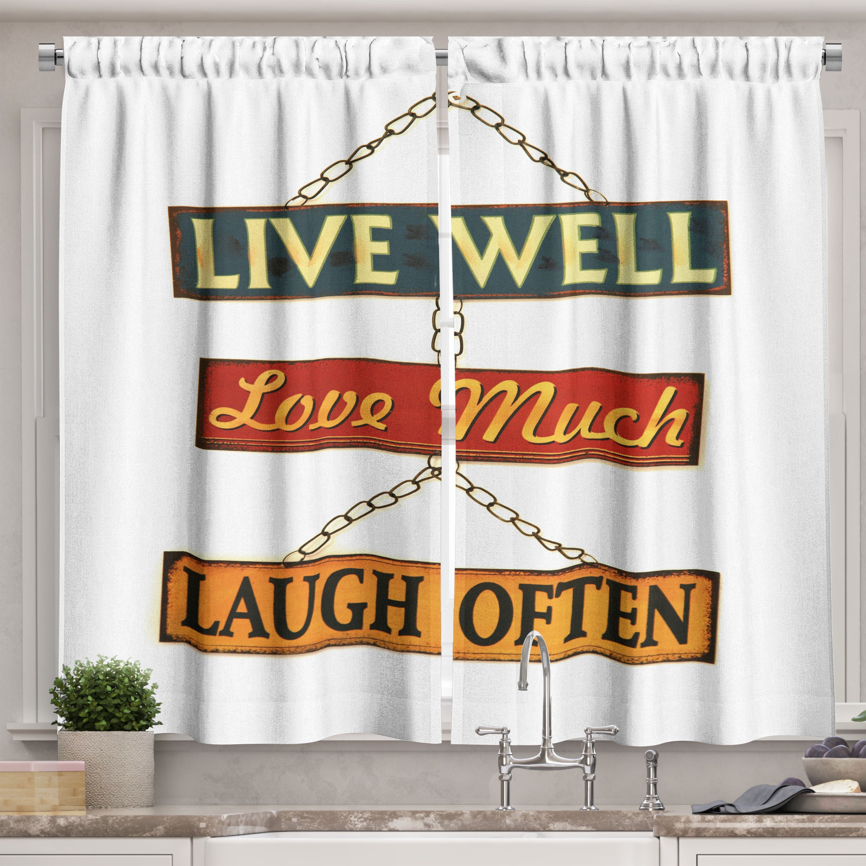 Ambesonne Live Laugh Love Kitchen Curtains, Rusty Signs, 55"x39
