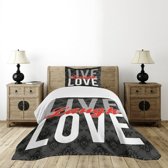 Ambesonne Live Laugh Love Quilted Bedspread Set 2 Pcs, Antique Damask, Twin Size, Multicolor