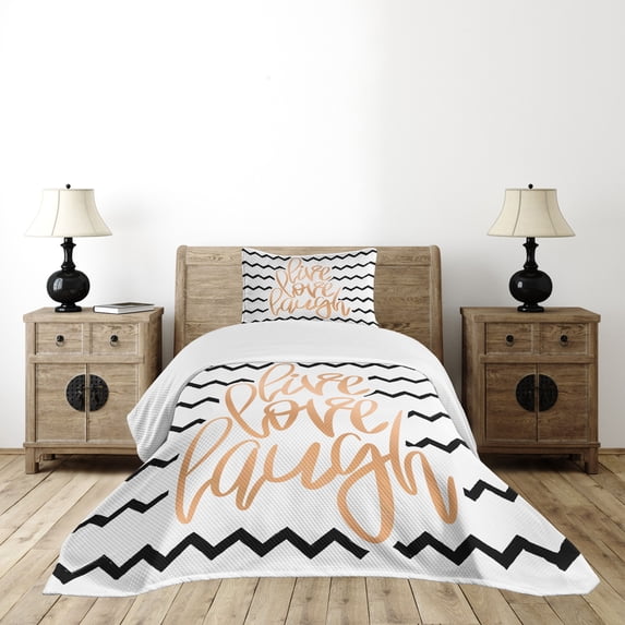 Ambesonne Live Laugh Love Quilted Bedspread Set 2 Pcs, Chevron Art, Twin Size, Black White and Peach