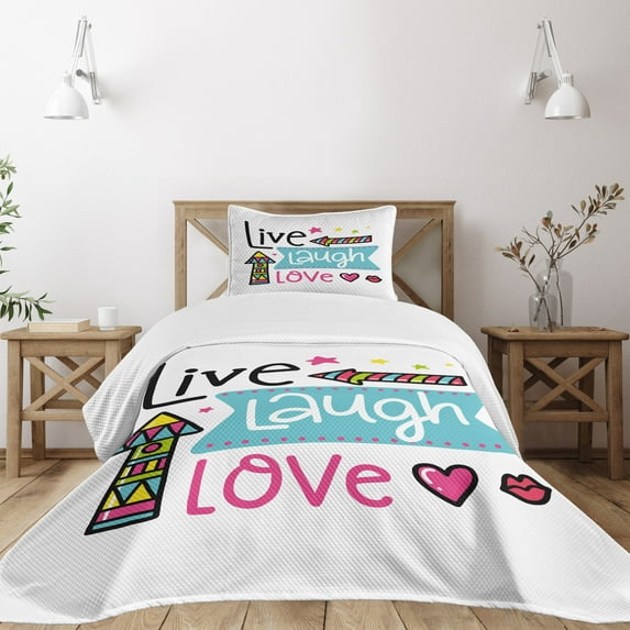 Ambesonne Live Laugh Love Quilted Bedspread Set 2 Pcs, Kisses Hearts, Twin Size, Multicolor