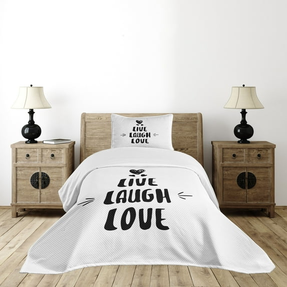 Ambesonne Live Laugh Love Quilted Bedspread Set 2 Pcs, Positive Life Text, Twin Size, Black and White