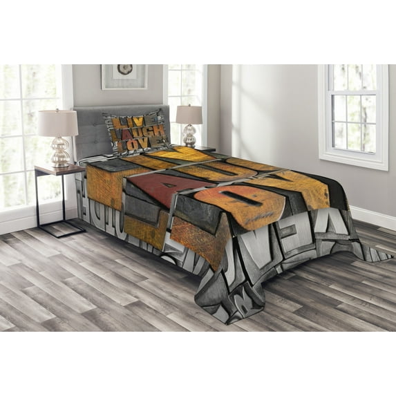 Ambesonne Live Laugh Love Quilted Bedspread Set 2 Pcs, Values Words, Twin Size, Multicolor