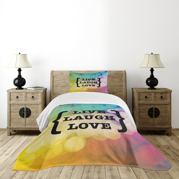 Ambesonne Live Laugh Love Quilted Bedspread Set 2 Pcs, Wise Phrase, Twin Size, Multicolor