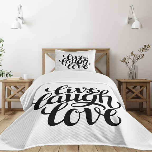 Ambesonne Live Laugh Love Quilted Bedspread Set 2 Pcs, Words, Twin Size, Black and White