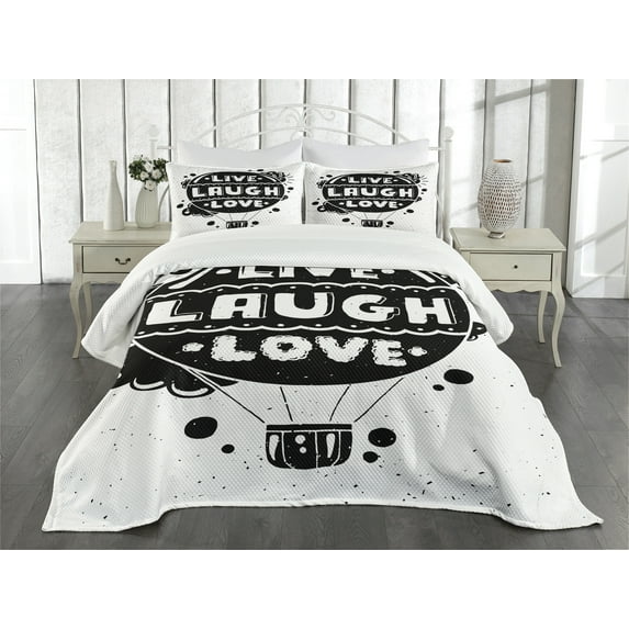 Ambesonne Live Laugh Love Quilted Bedspread Set 3 Pcs, Air Balloon Sun, Queen Size, Black and White