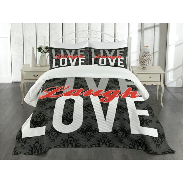 Ambesonne Live Laugh Love Quilted Bedspread Set 3 Pcs, Antique Damask, King Size, Multicolor