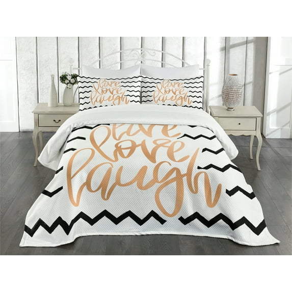 Ambesonne Live Laugh Love Quilted Bedspread Set 3 Pcs, Chevron Art, King Size, Black White and Peach