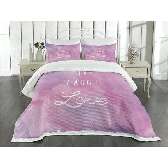 Ambesonne Live Laugh Love Quilted Bedspread Set 3 Pcs, Dreamy Positive, King Size, Pale Pink Lavender White