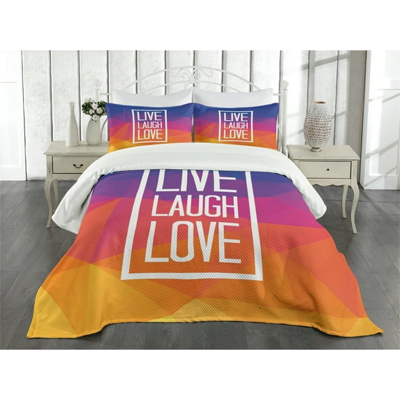 Ambesonne Live Laugh Love Quilted Bedspread Set 3 Pcs, Famous Slogan, King Size, Multicolor