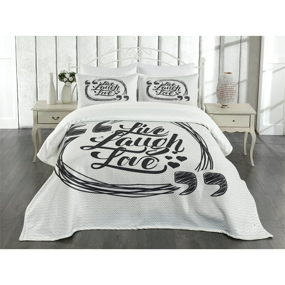 Ambesonne Live Laugh Love Quilted Bedspread Set 3 Pcs, Happy Lifestyle, Queen Size, Pearl and Dark Grey
