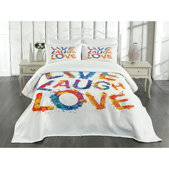 Ambesonne Live Laugh Love Quilted Bedspread Set 3 Pcs, Joyful Words, King Size, Multicolor
