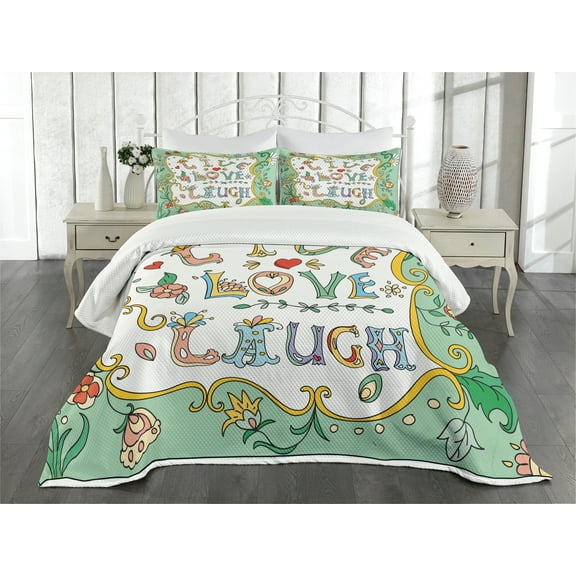 Ambesonne Live Laugh Love Quilted Bedspread Set 3 Pcs, Ornate Petals, King Size, Multicolor