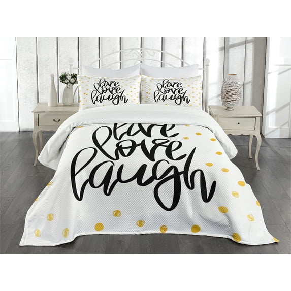 Ambesonne Live Laugh Love Quilted Bedspread Set 3 Pcs, Phrase Dots, King Size, Black White Yellow
