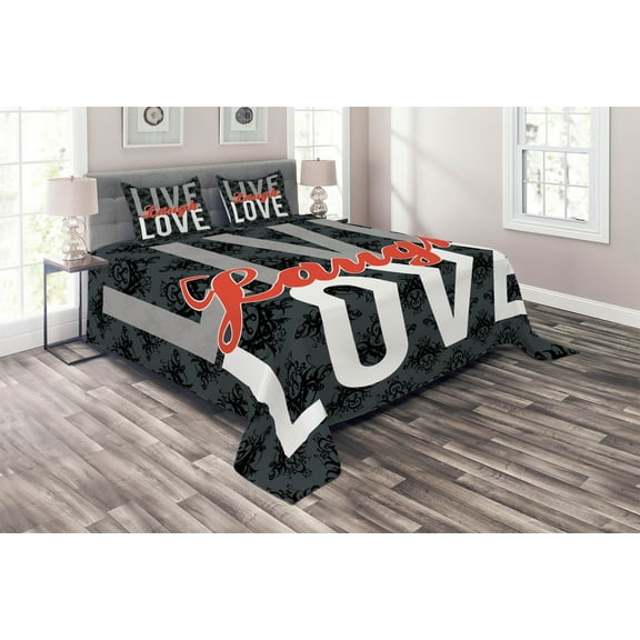 Ambesonne Live Laugh Love Quilted Coverlet 3 Pcs, Antique Damask, King Size, Multicolor
